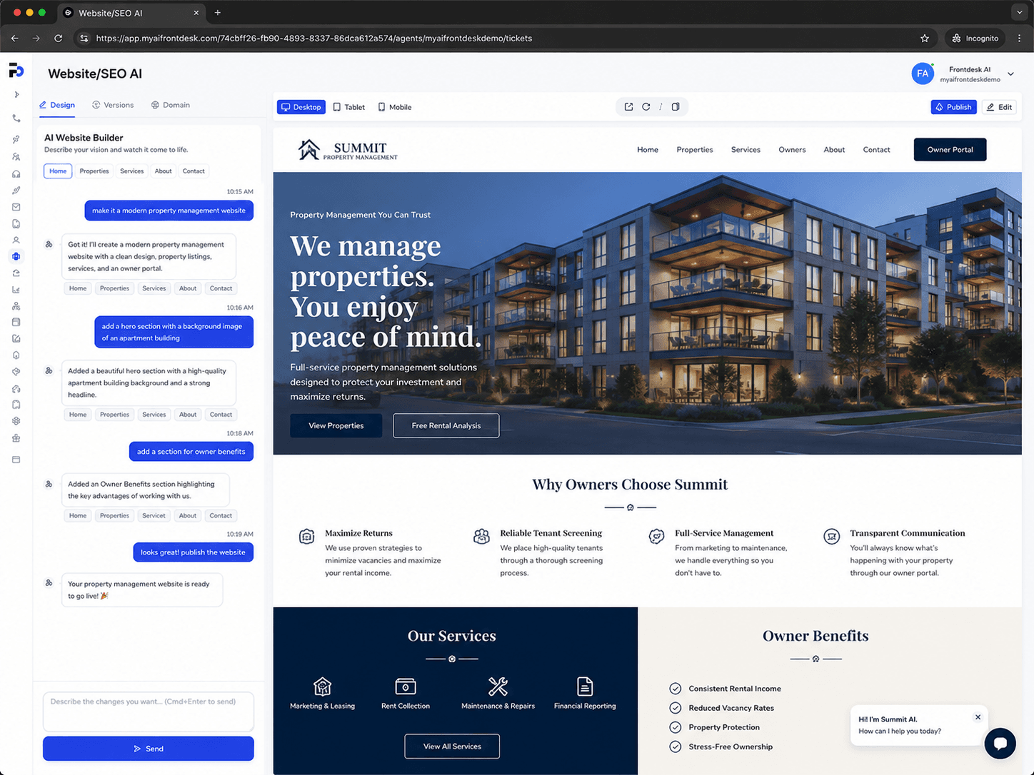Bevado Website Builder generating a property management website in chat